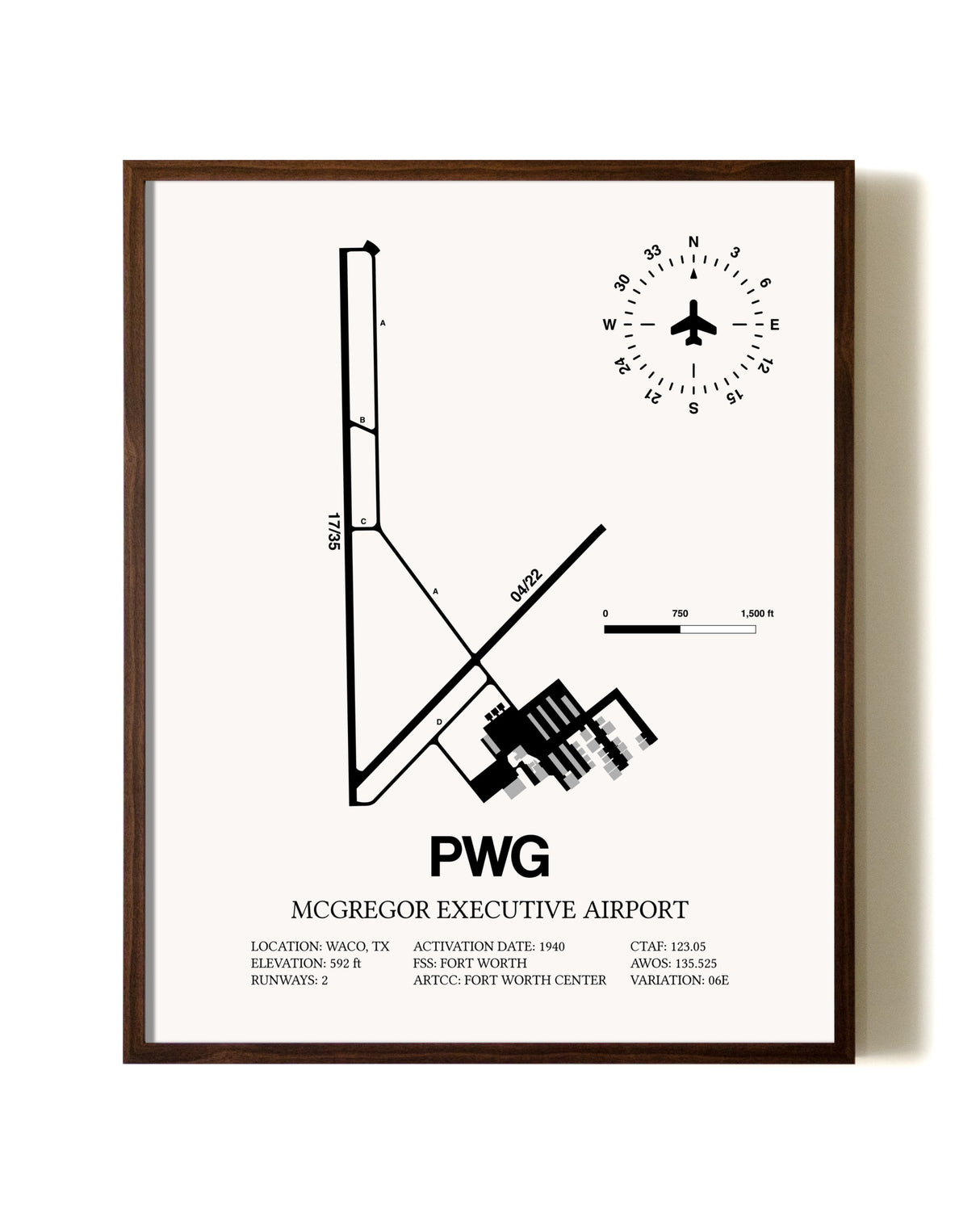 McGregor Executive Airport aviation print in walnut frame