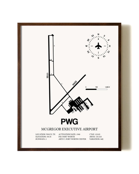 McGregor Executive Airport aviation print in walnut frame