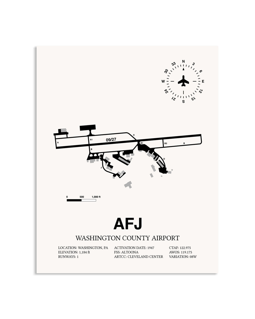 Gray Washington County Airport framed poster displayed in an airplane hangar