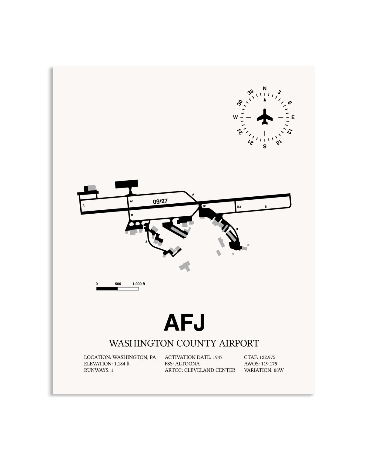 Gray Washington County Airport framed poster displayed in an airplane hangar