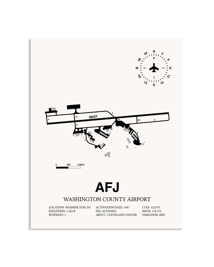 Gray Washington County Airport framed poster displayed in an airplane hangar