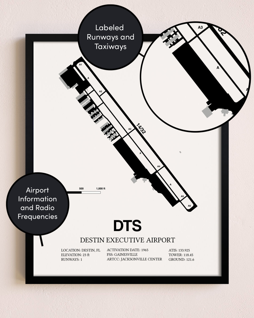 Framed Destin Executive Airport layout wall art poster