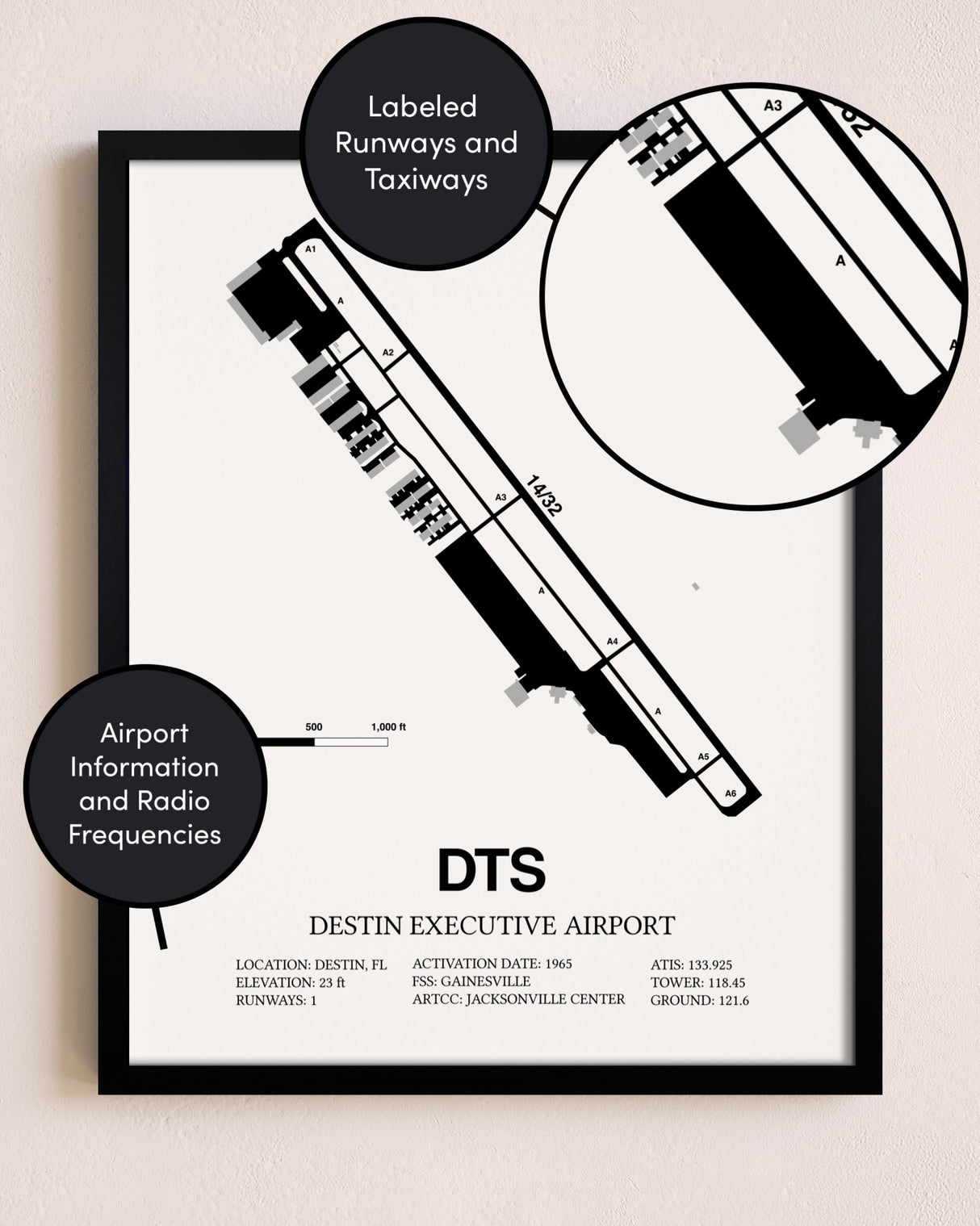 Framed Destin Executive Airport layout wall art poster