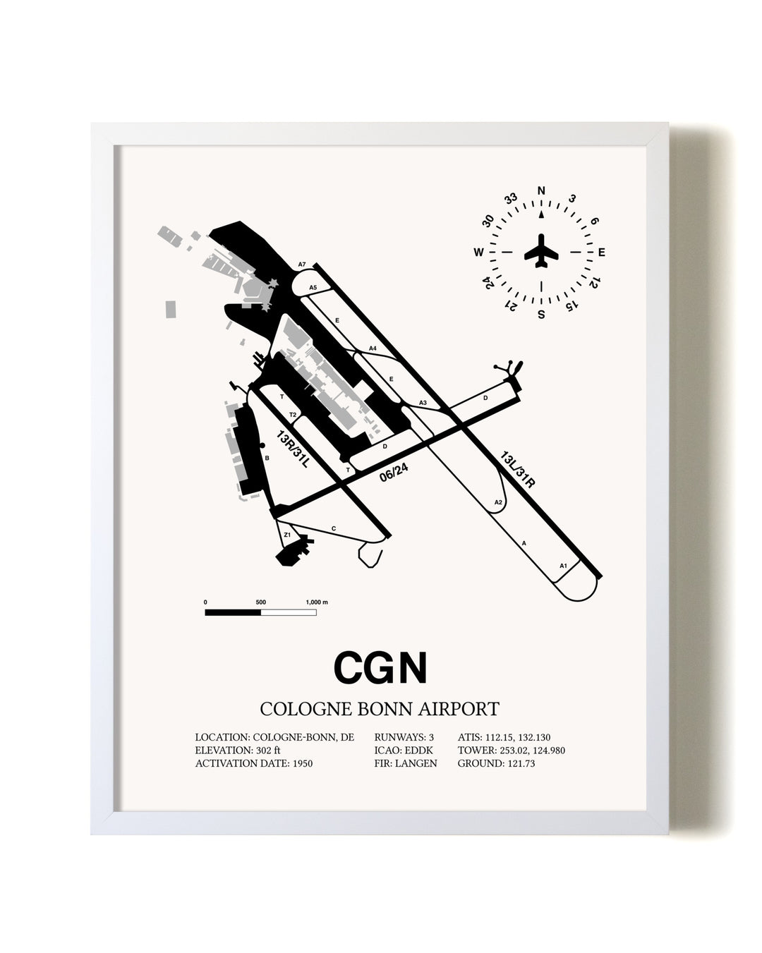 Cologne Bonn Airport airport map poster in oak frame