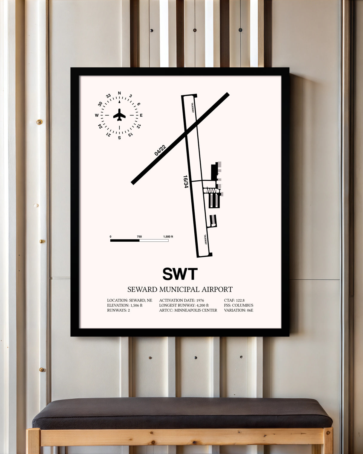 Seward Municipal Airport framed poster displayed in an airplane hangar