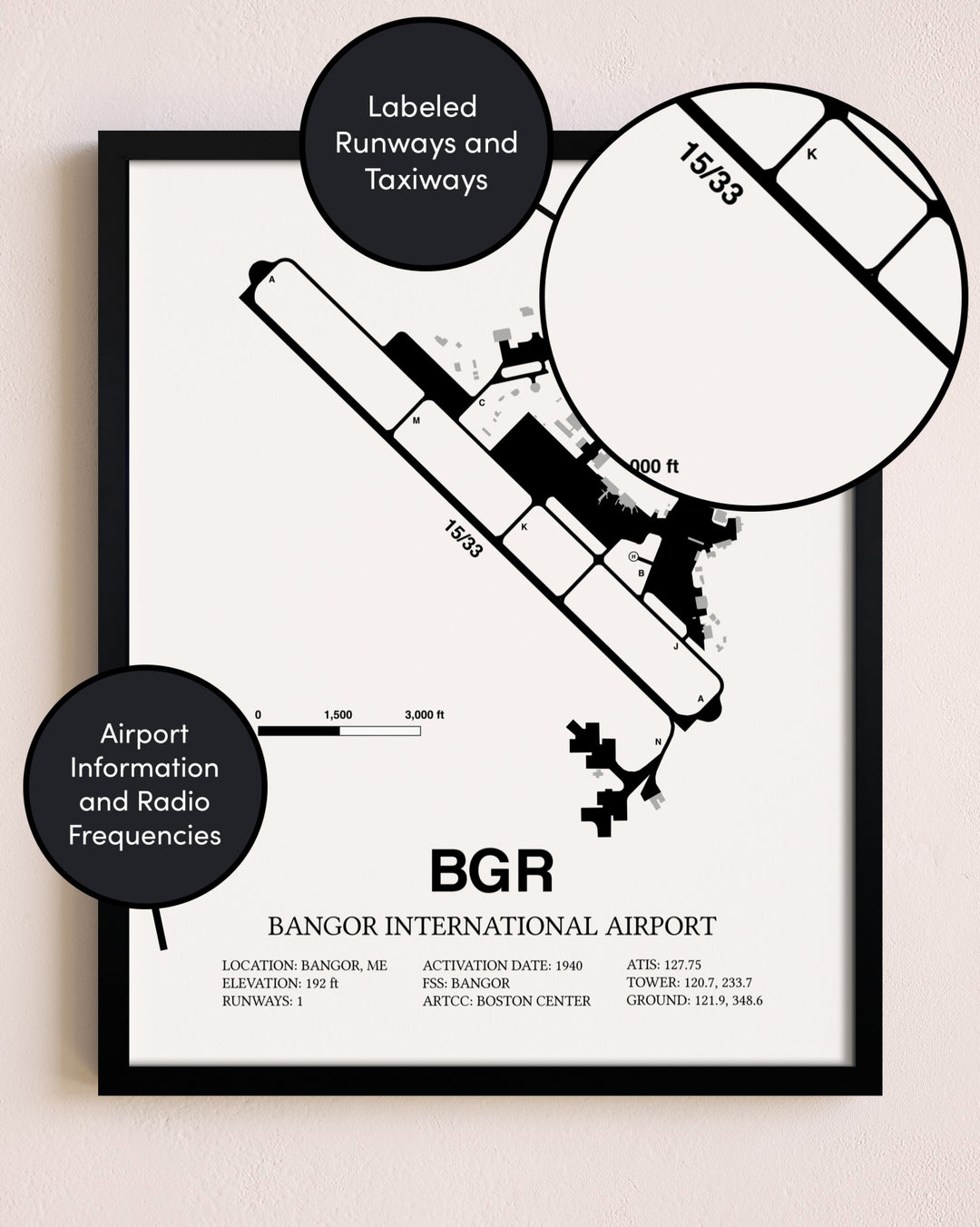 Framed Bangor International Airport layout wall art poster