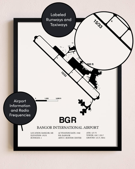 Framed Bangor International Airport layout wall art poster