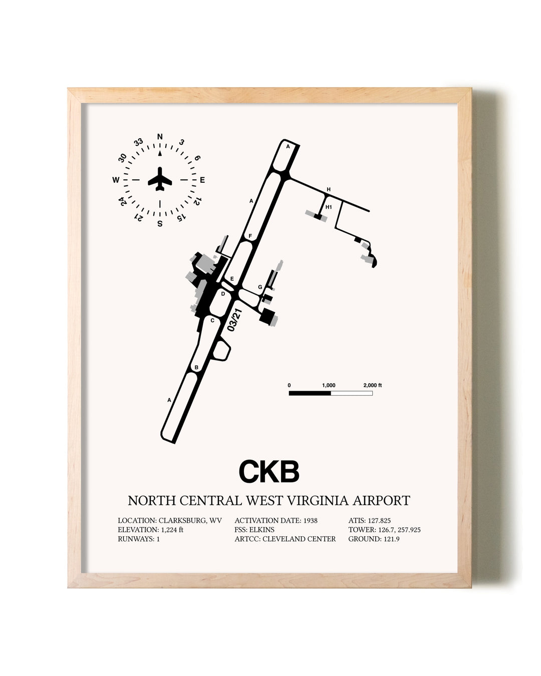 North Central West Virginia Airport framed wall art in white frame