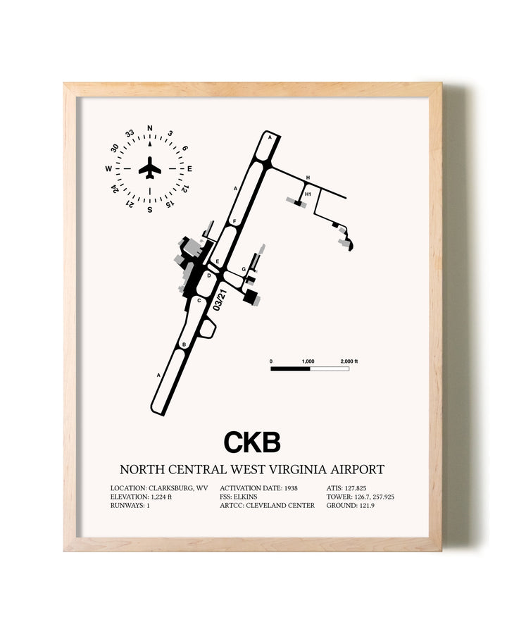 North Central West Virginia Airport framed wall art in white frame