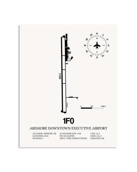 Gray Ardmore Downtown Executive Airport framed poster displayed in an airplane hangar