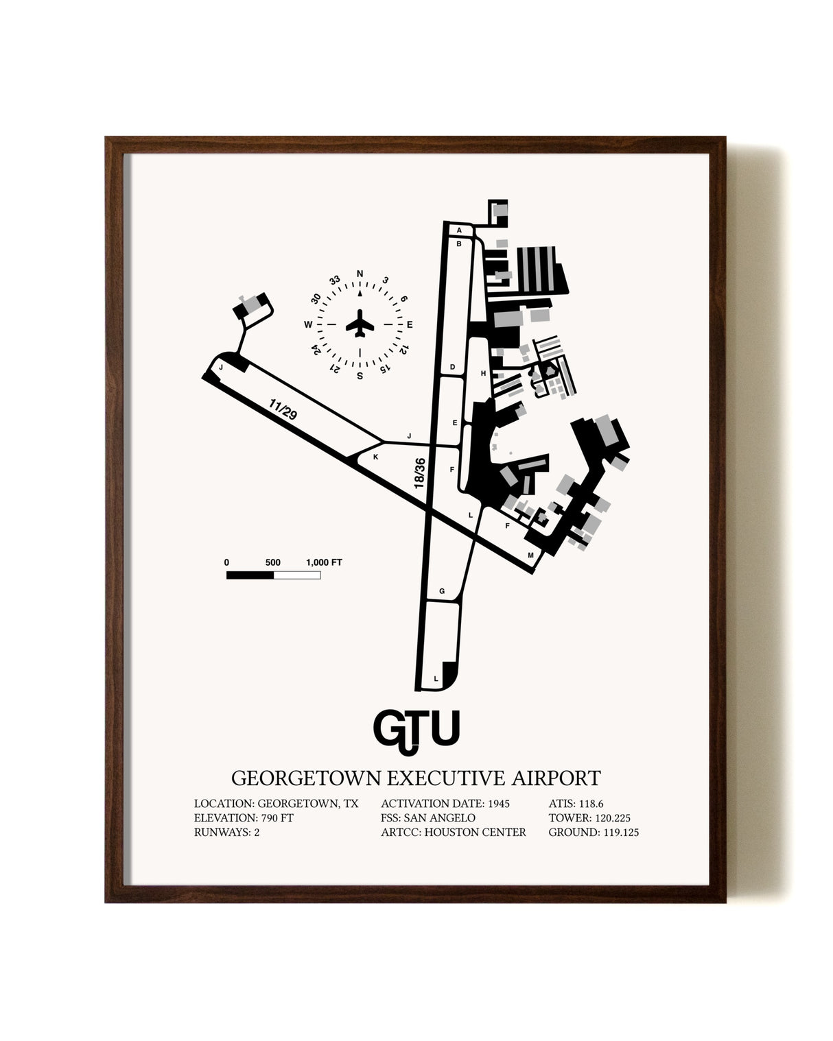 Georgetown Executive Airport At Johnny Gantt Field aviation print in walnut frame