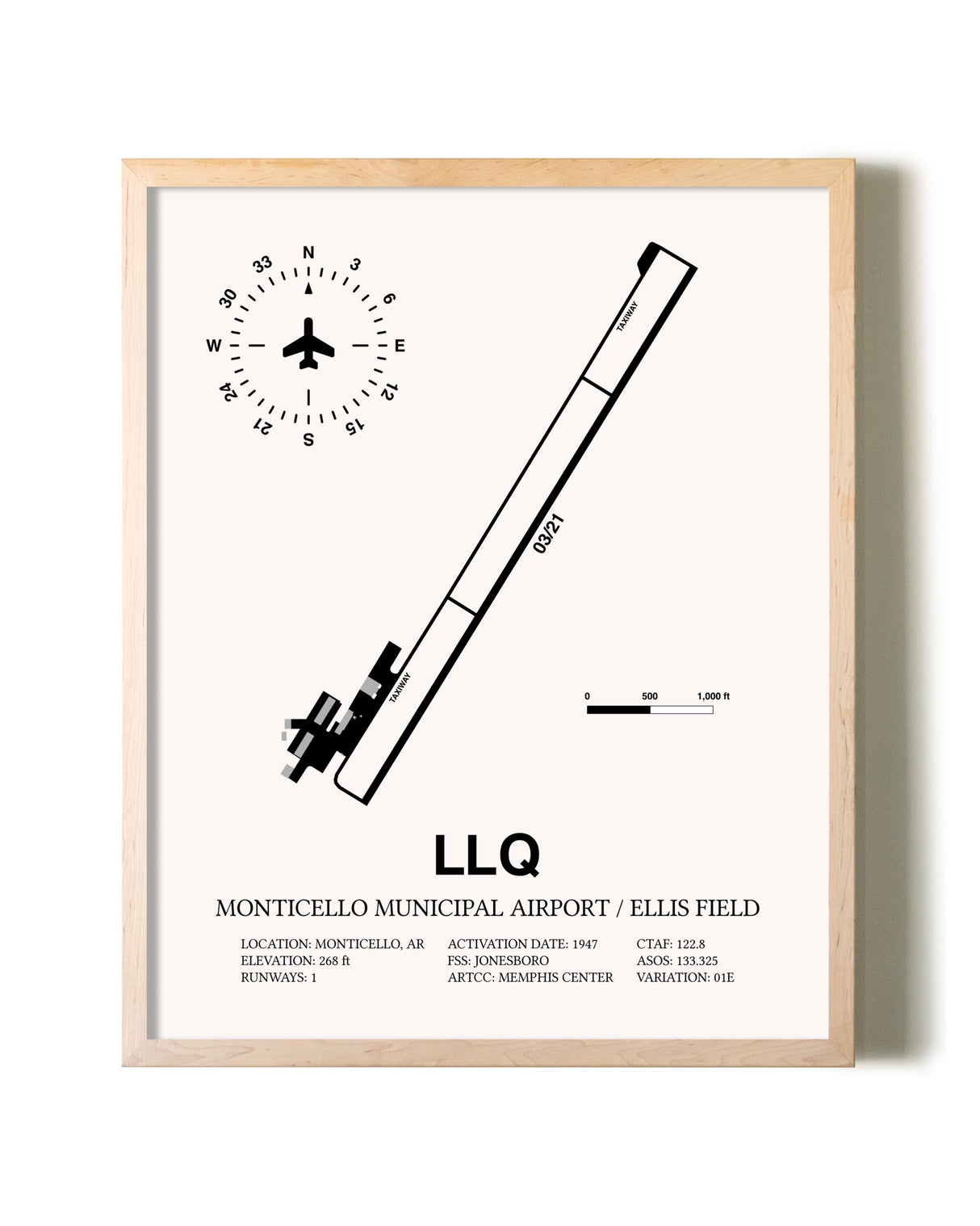 Monticello Municipal Airport / Ellis Field framed wall art in white frame