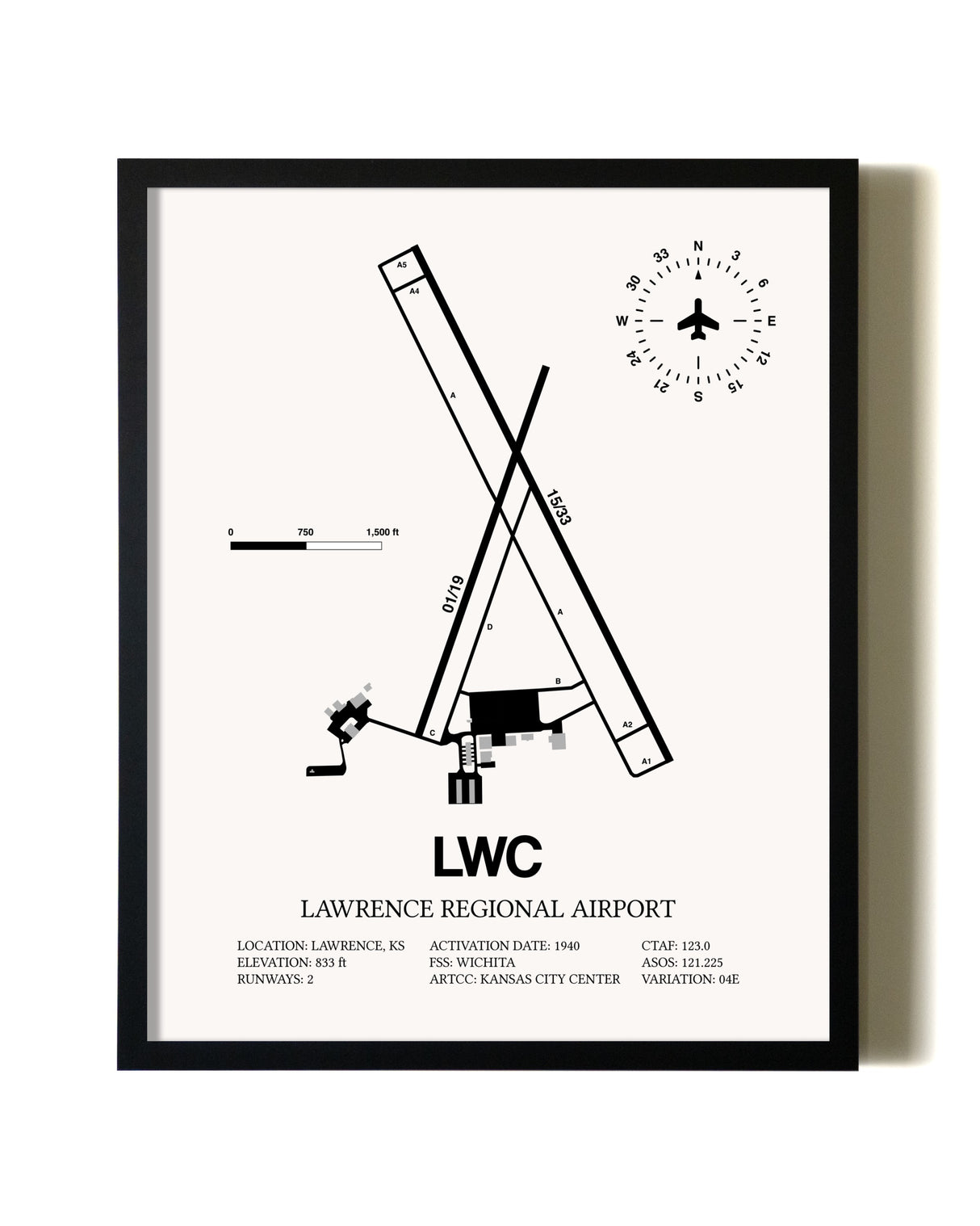 Framed Lawrence Regional Airport wall art poster in black frame