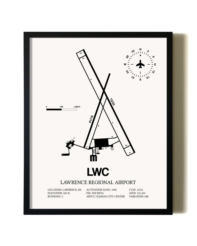 Framed Lawrence Regional Airport wall art poster in black frame