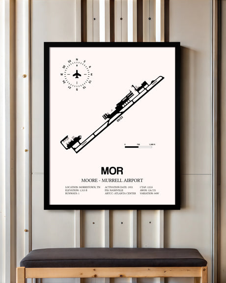 Moore-Murrell Airport framed poster displayed in an airplane hangar