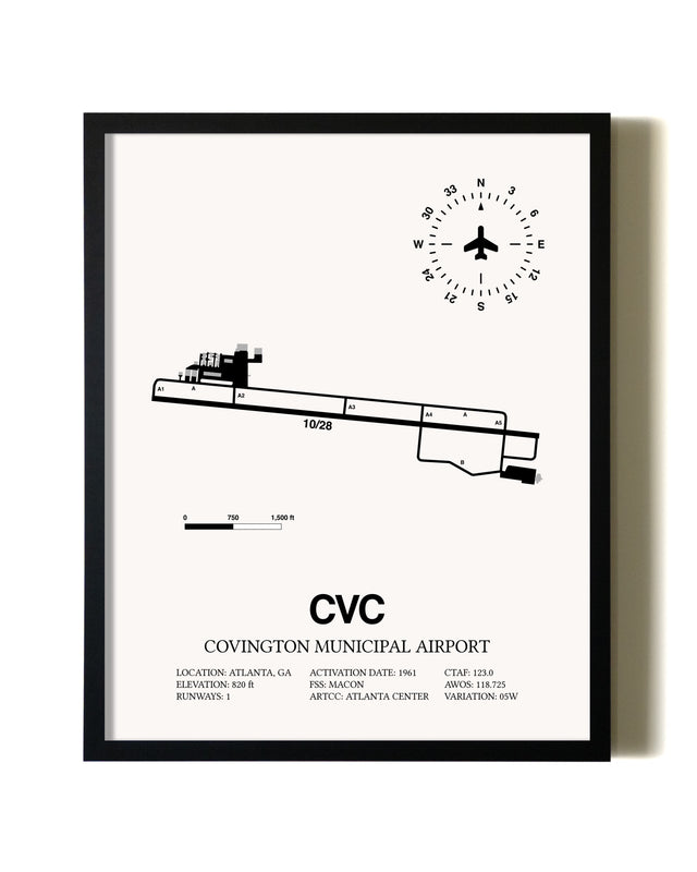 Framed Covington Municipal Airport wall art poster in black frame