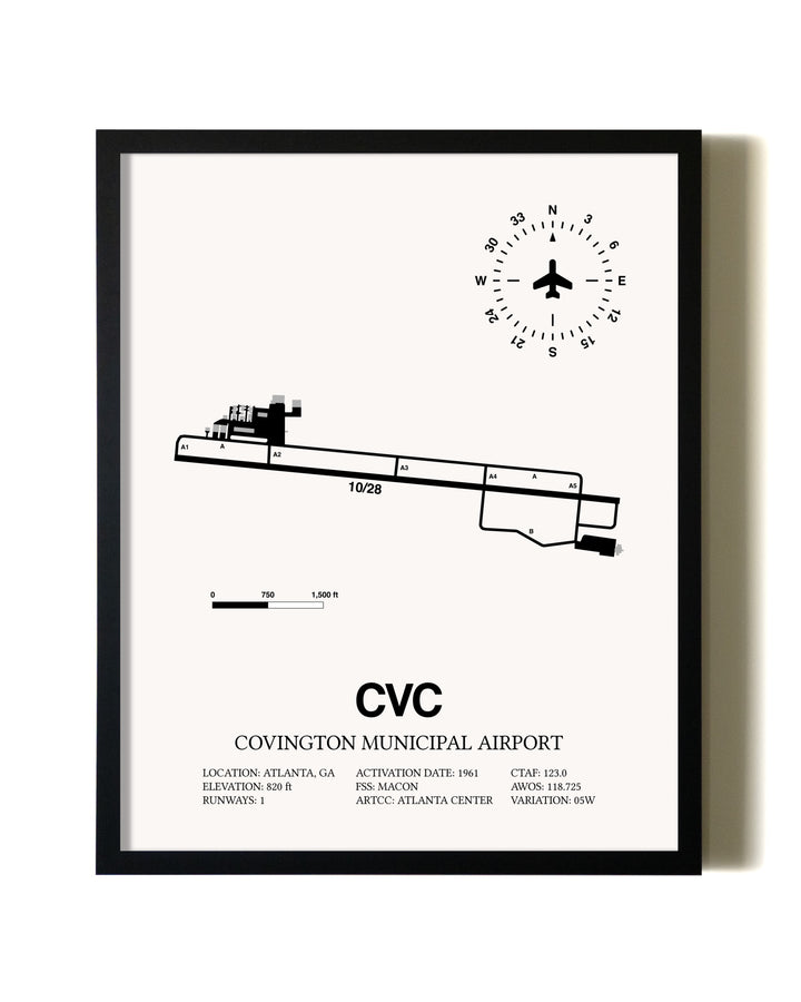 Framed Covington Municipal Airport wall art poster in black frame
