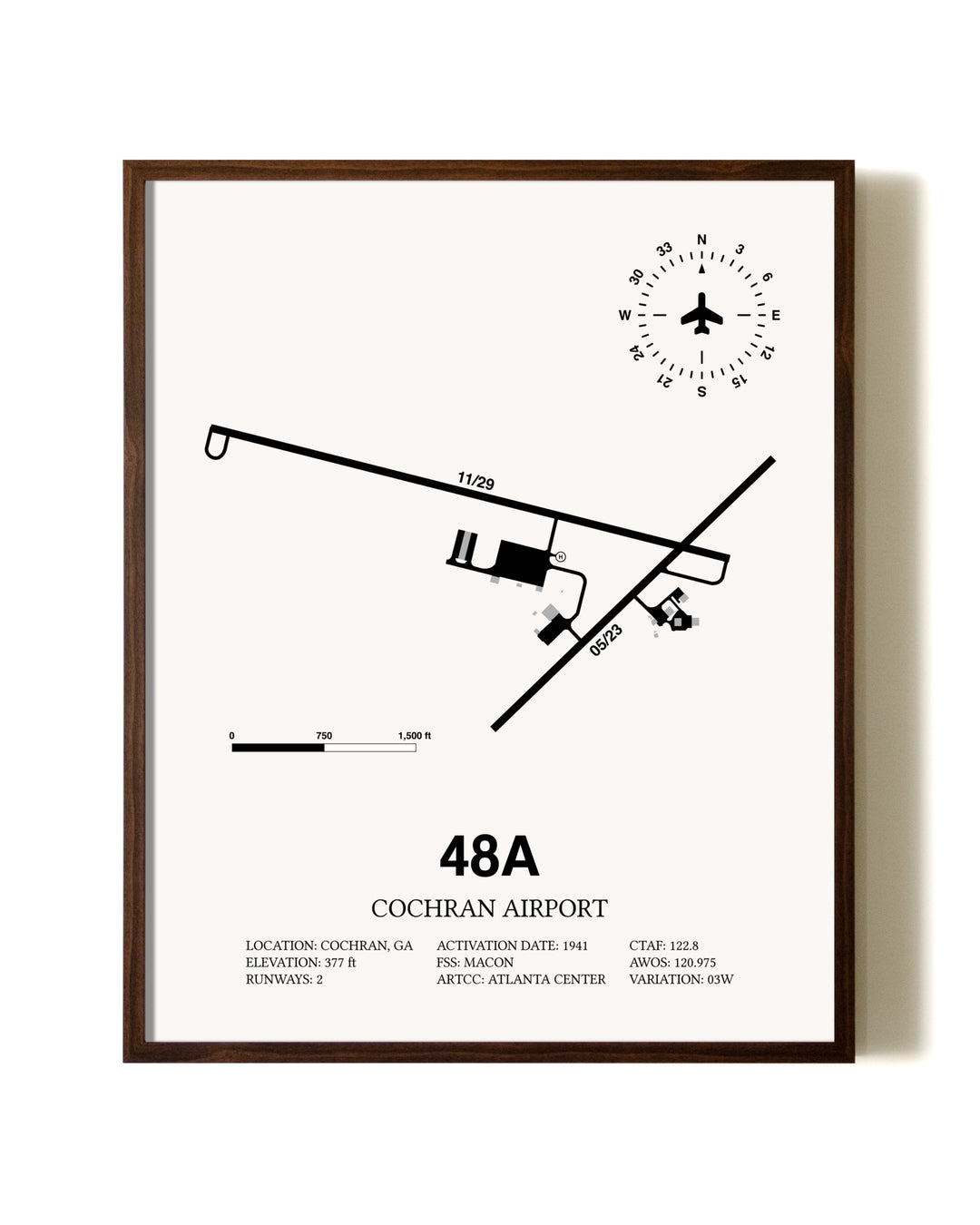 Cochran Airport aviation print in walnut frame