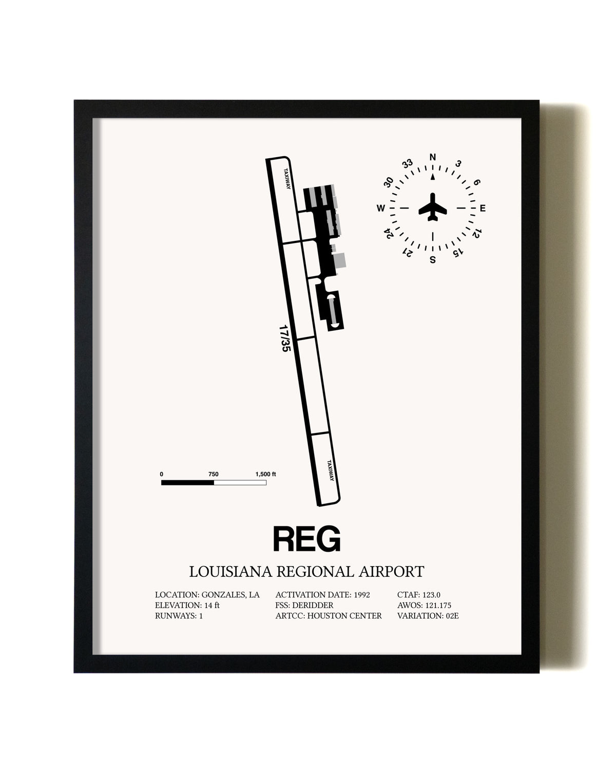 Framed Louisiana Regional Airport wall art poster in black frame
