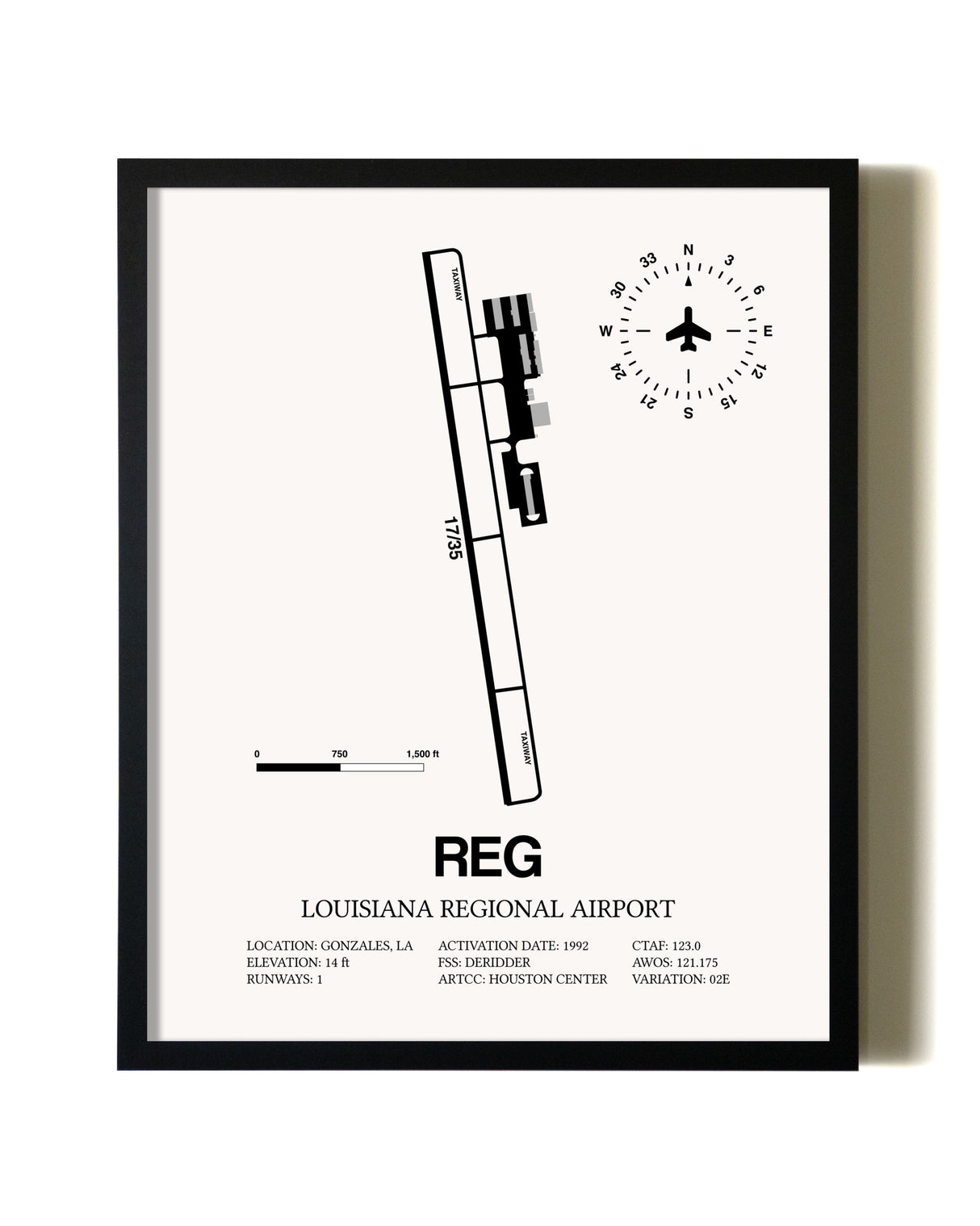 Framed Louisiana Regional Airport wall art poster in black frame