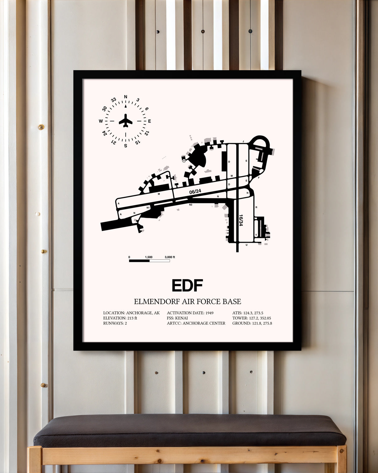 Elmendorf Air Force Base framed poster displayed in an airplane hangar