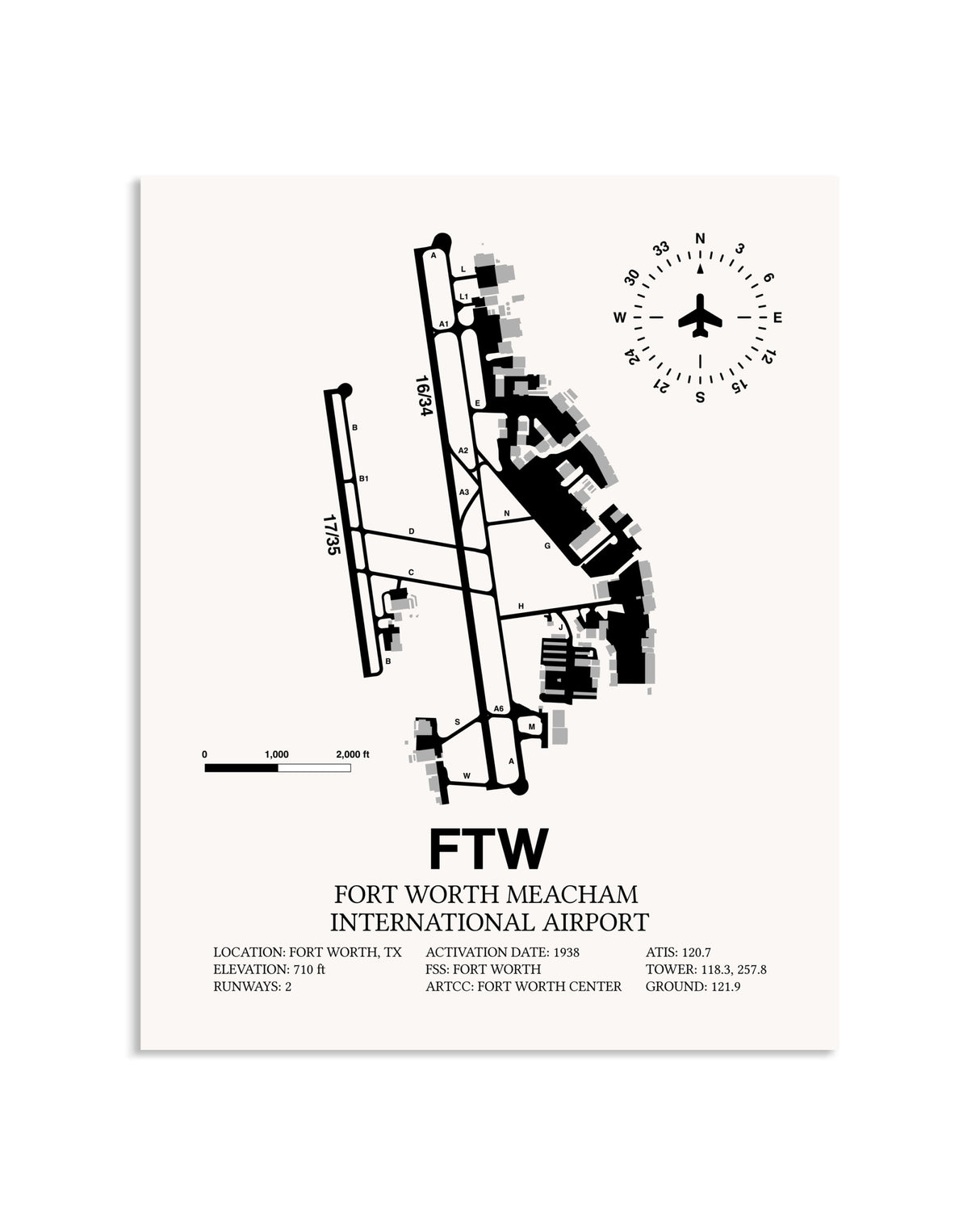 Gray Fort Worth Meacham International Airport framed poster displayed in an airplane hangar