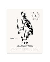 Gray Fort Worth Meacham International Airport framed poster displayed in an airplane hangar