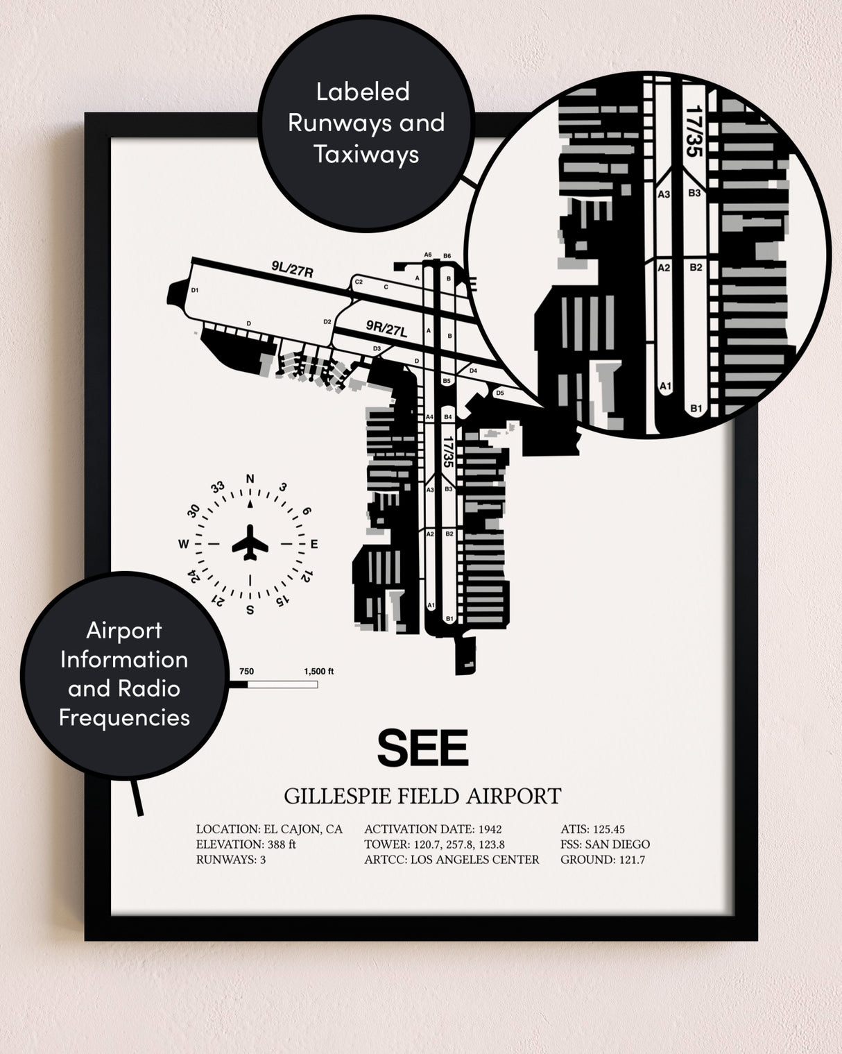 Framed Gillespie Field Airport layout wall art poster