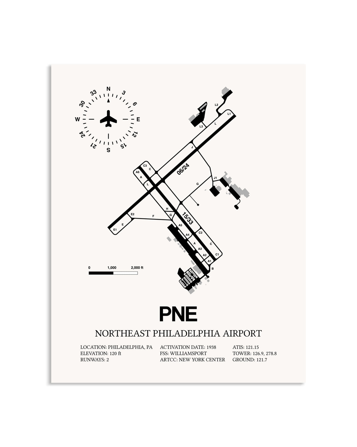 Gray Northeast Philadelphia Airport framed poster displayed in an airplane hangar