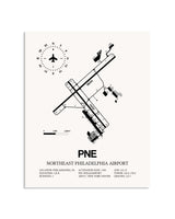 Gray Northeast Philadelphia Airport framed poster displayed in an airplane hangar