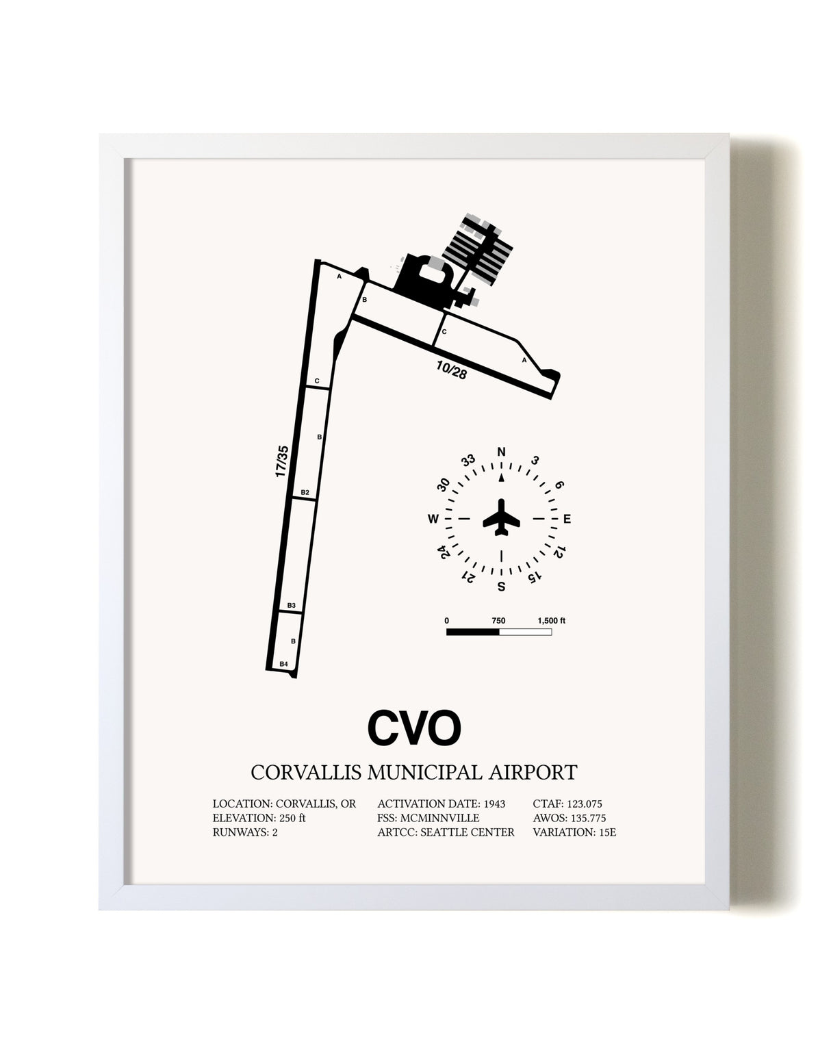 Corvallis Municipal Airport airport map poster in oak frame