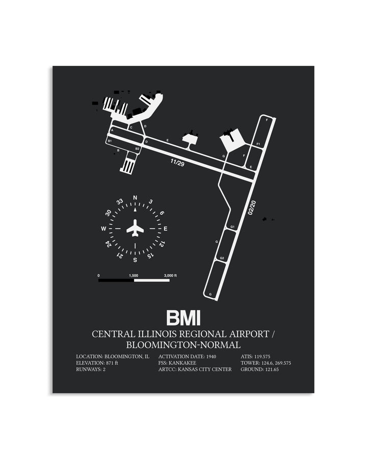 Gray Framed Central Illinois Regional Airport / Bloomington-Normal layout wall art poster