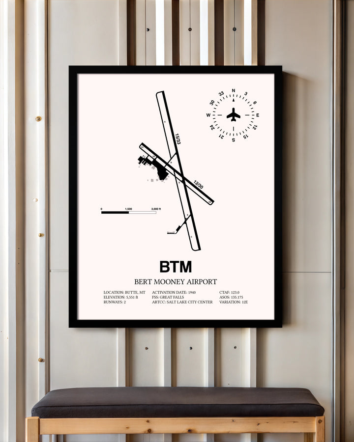 Bert Mooney Airport framed poster displayed in an airplane hangar