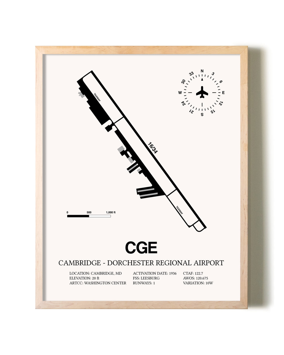 Cambridge-Dorchester Regional Airport framed wall art in white frame