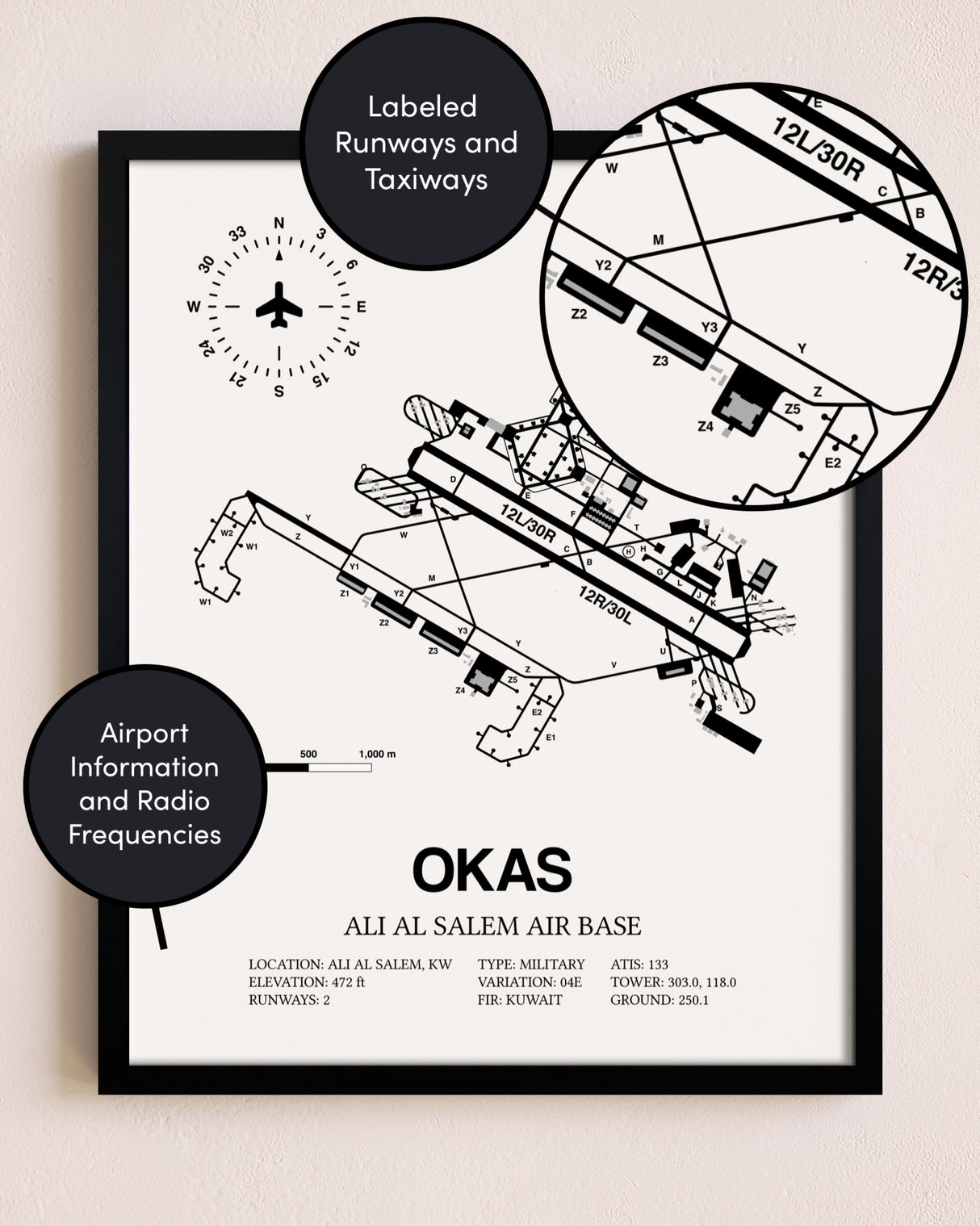 Framed Ali Al Salem Air Base layout wall art poster