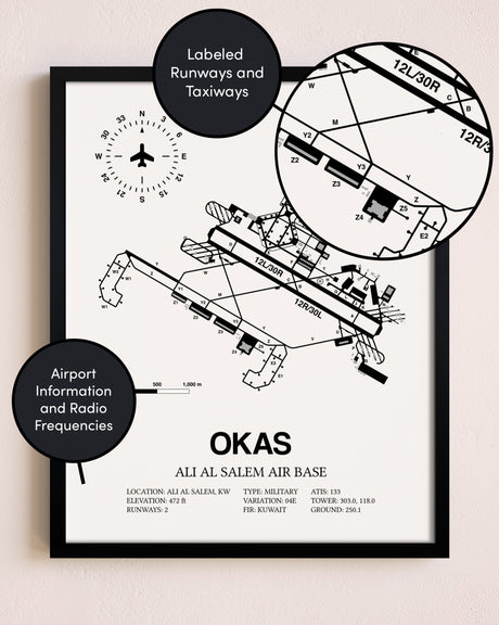 Framed Ali Al Salem Air Base layout wall art poster
