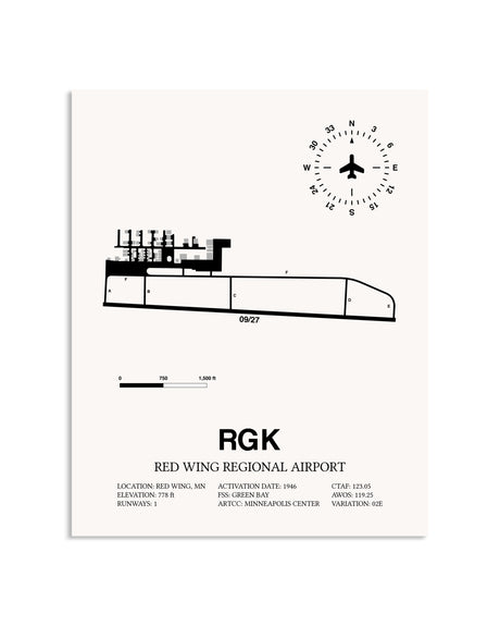 Gray Red Wing Regional Airport framed poster displayed in an airplane hangar