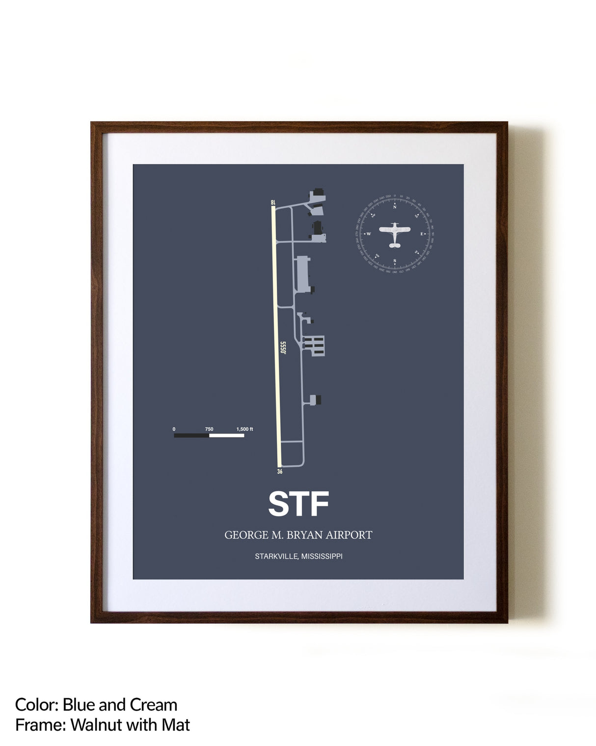 George M. Bryan Airport aviation print in walnut frame with mat