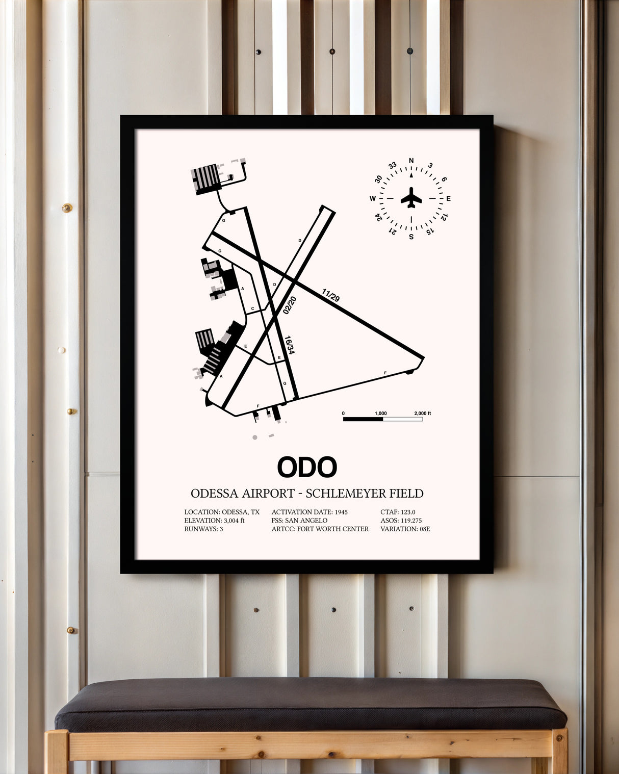 Odessa Airport-Schlemeyer Field framed poster displayed in an airplane hangar