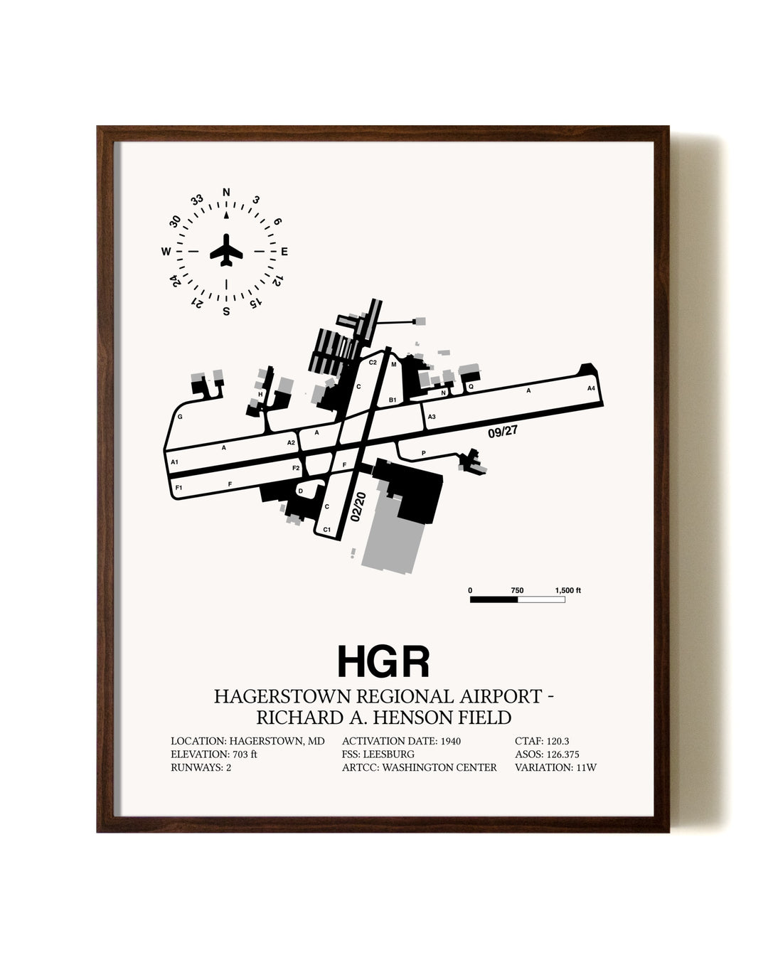 Hagerstown Regional Airport-Richard A. Henson Field aviation print in walnut frame