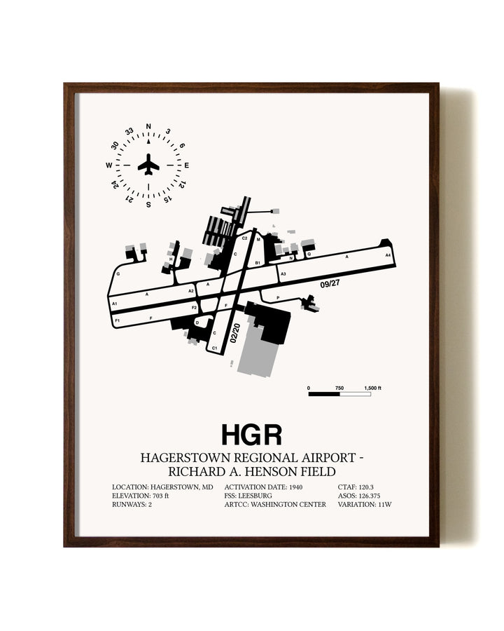 Hagerstown Regional Airport-Richard A. Henson Field aviation print in walnut frame