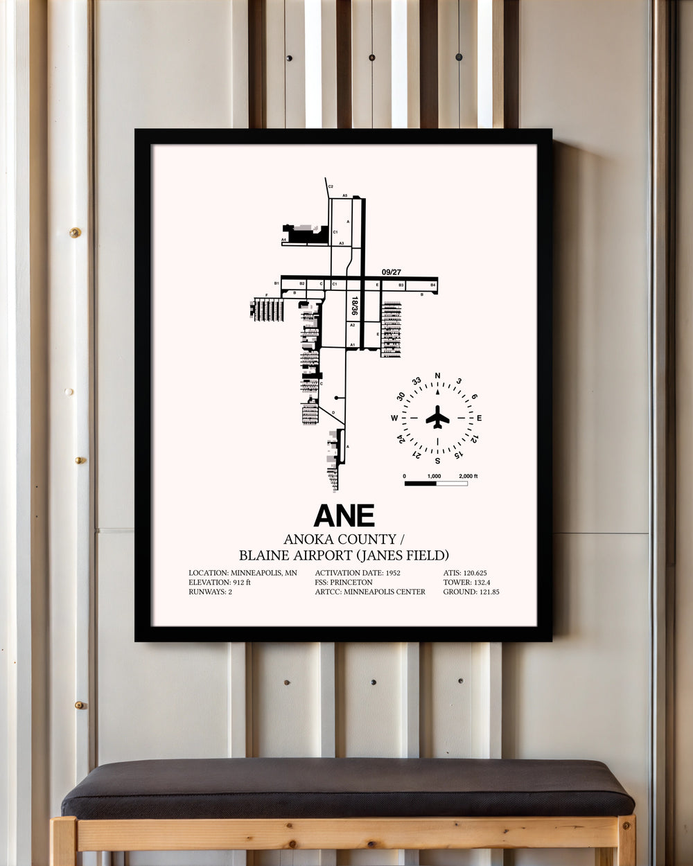 Anoka County/Blaine Airport (Janes Field) framed poster displayed in an airplane hangar
