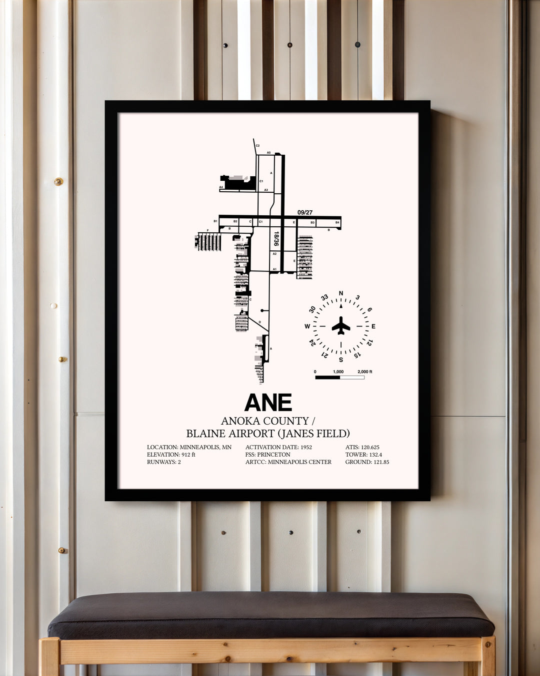 Anoka County/Blaine Airport (Janes Field) framed poster displayed in an airplane hangar