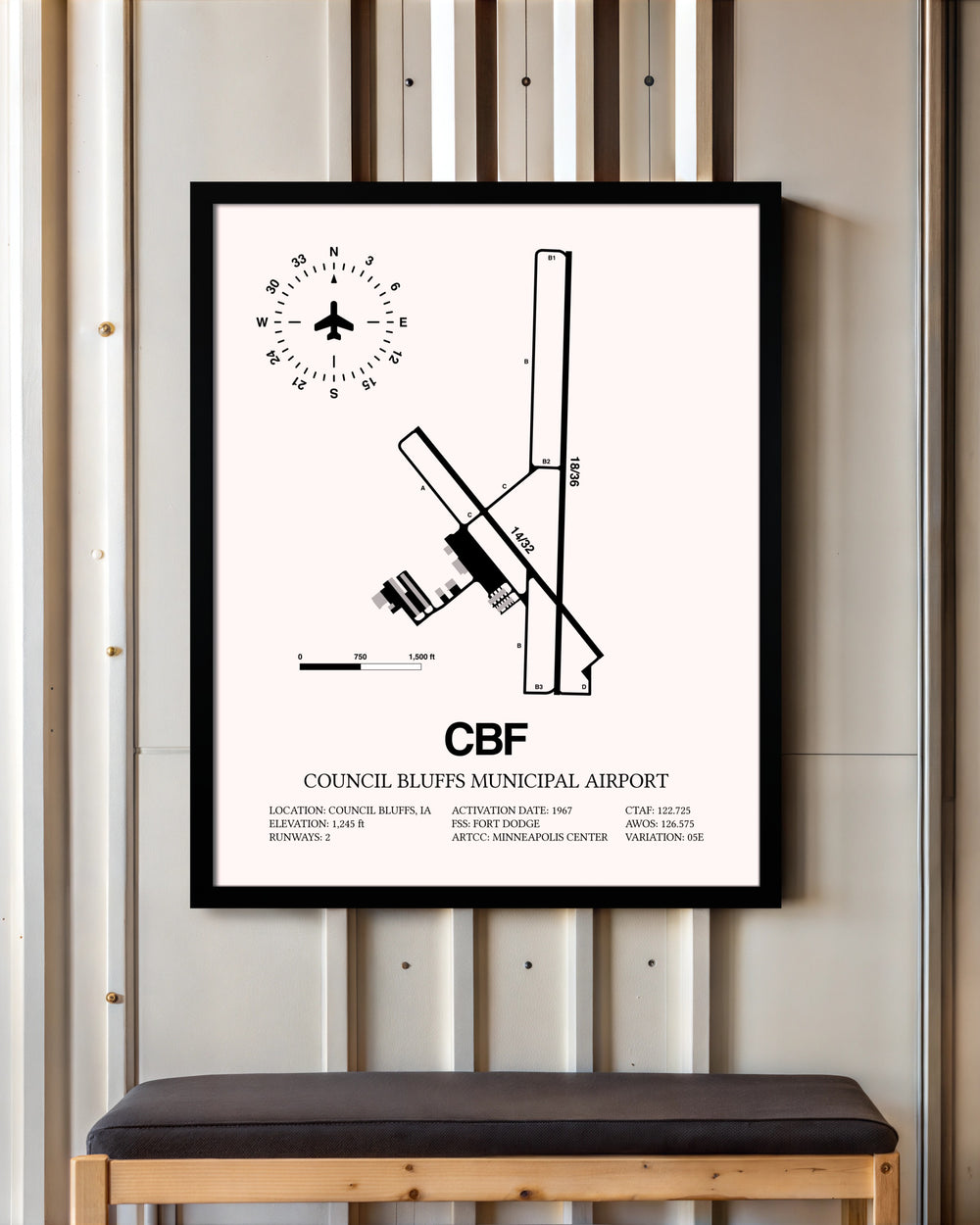 Council Bluffs Municipal Airport framed poster displayed in an airplane hangar