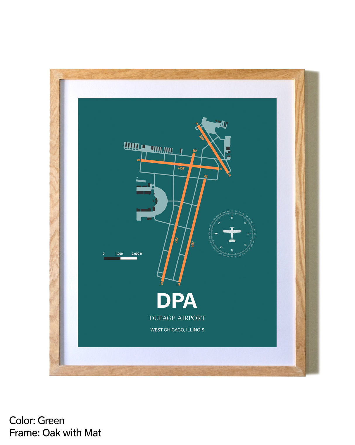 DuPage Airport airport map poster in oak frame with mat