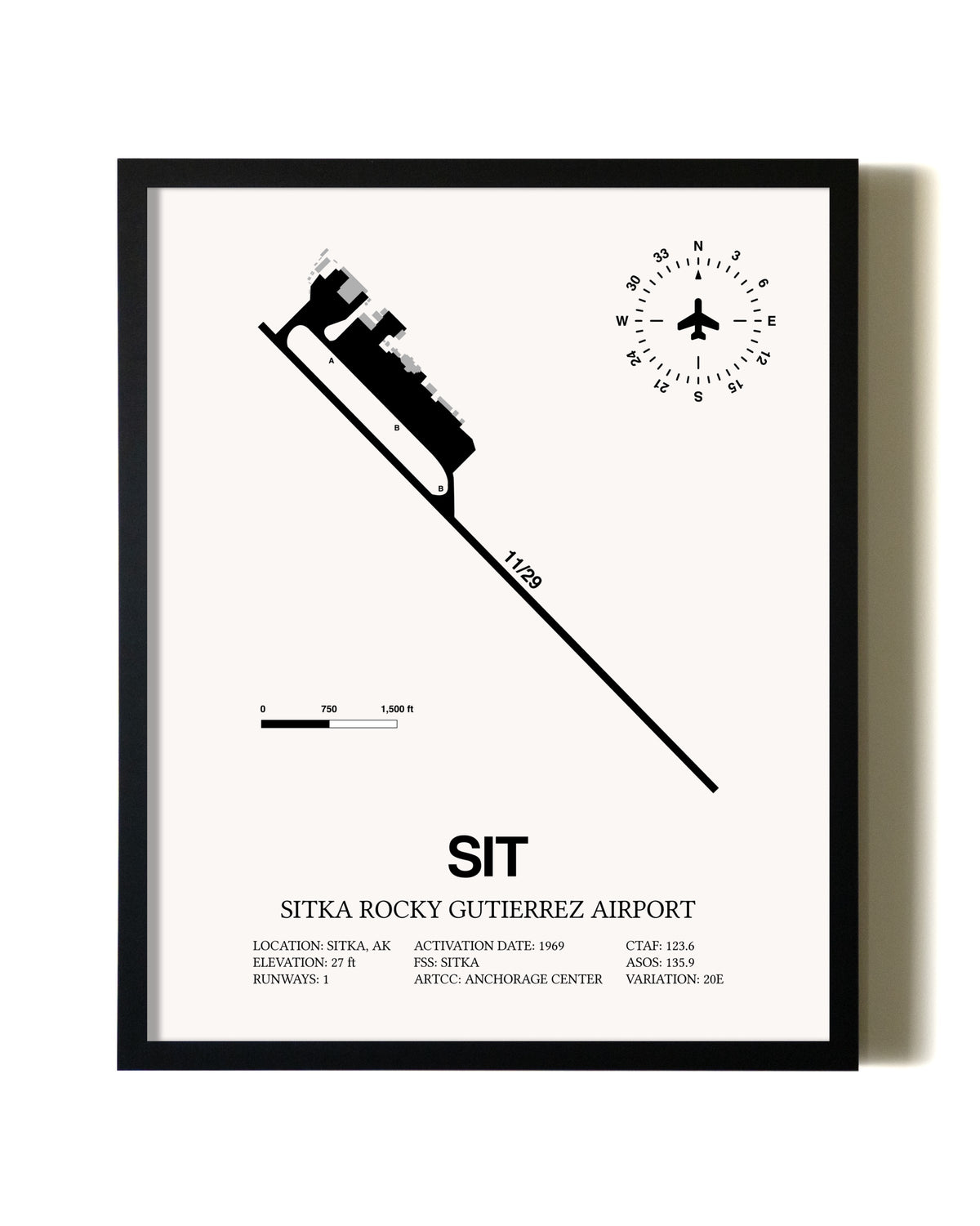 Framed Sitka Rocky Gutierrez Airport wall art poster in black frame