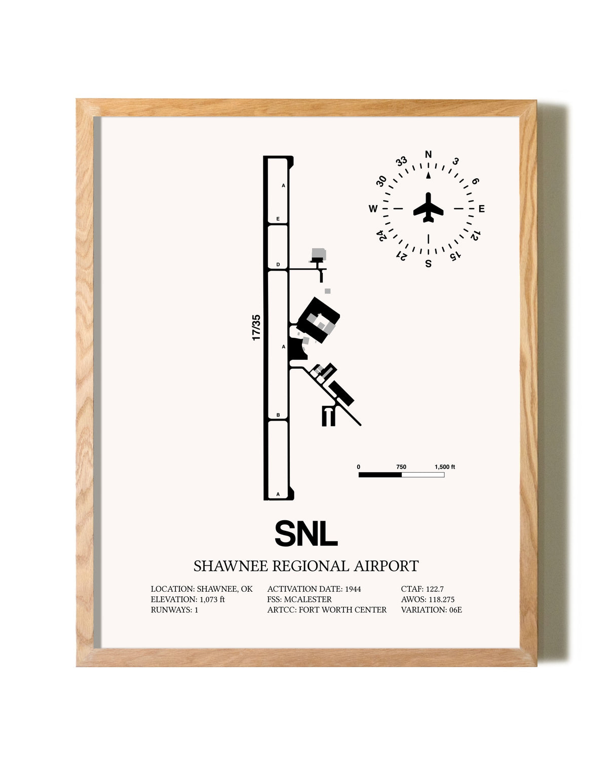 Shawnee Regional Airport framed print in natural wood frame