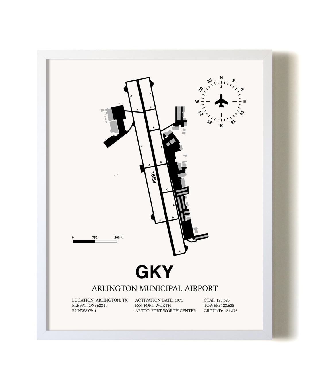 Arlington Municipal Airport airport map poster in oak frame