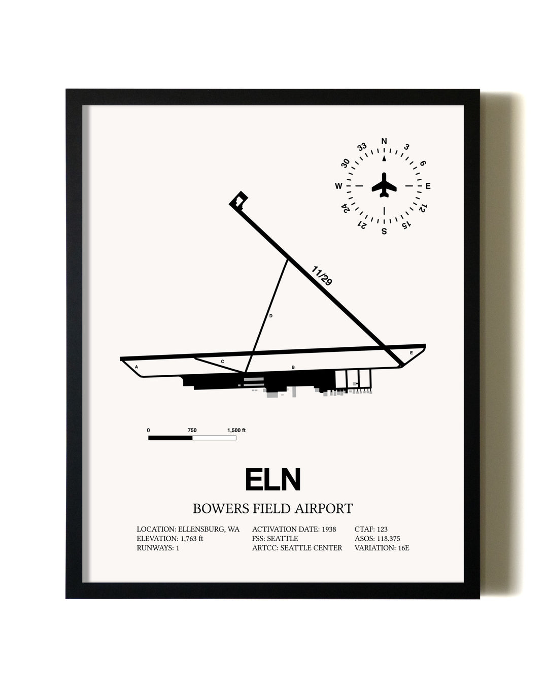 Framed Bowers Field Airport wall art poster in black frame