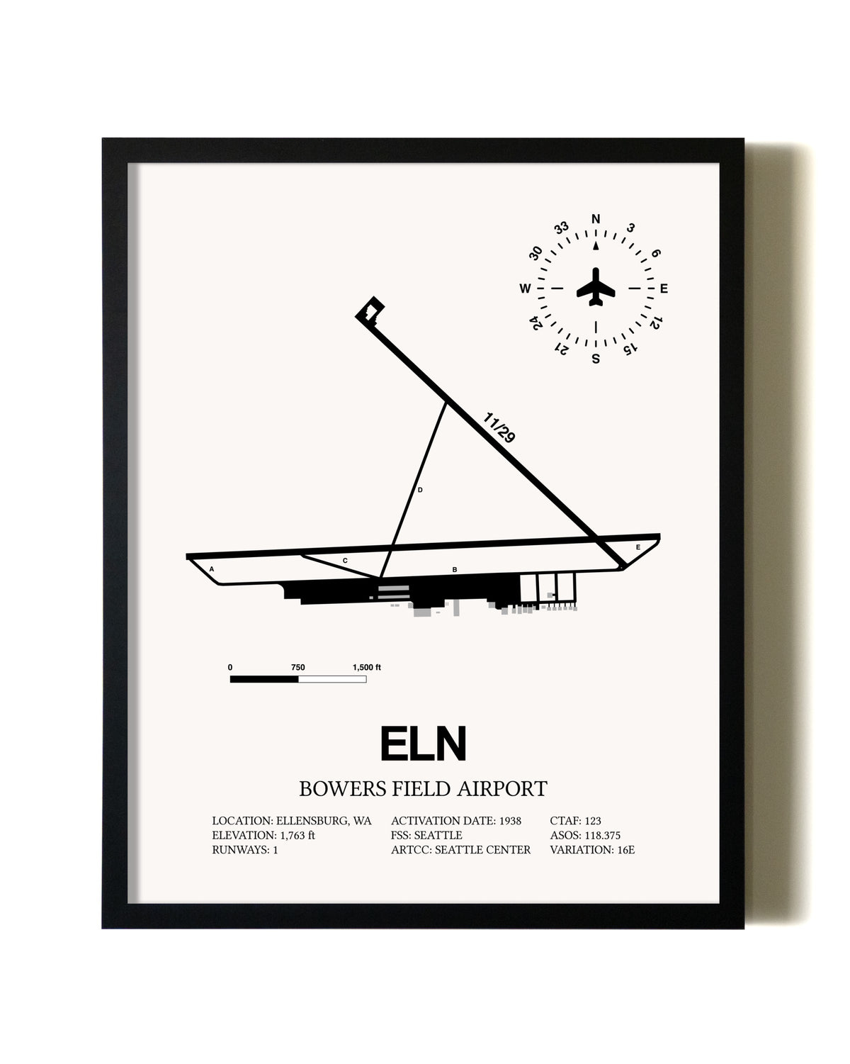 Framed Bowers Field Airport wall art poster in black frame